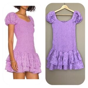 {Likely} Tayaisha Eyelet and Smocked Ruffle Hem Mini Dress in Violet - Womens 2